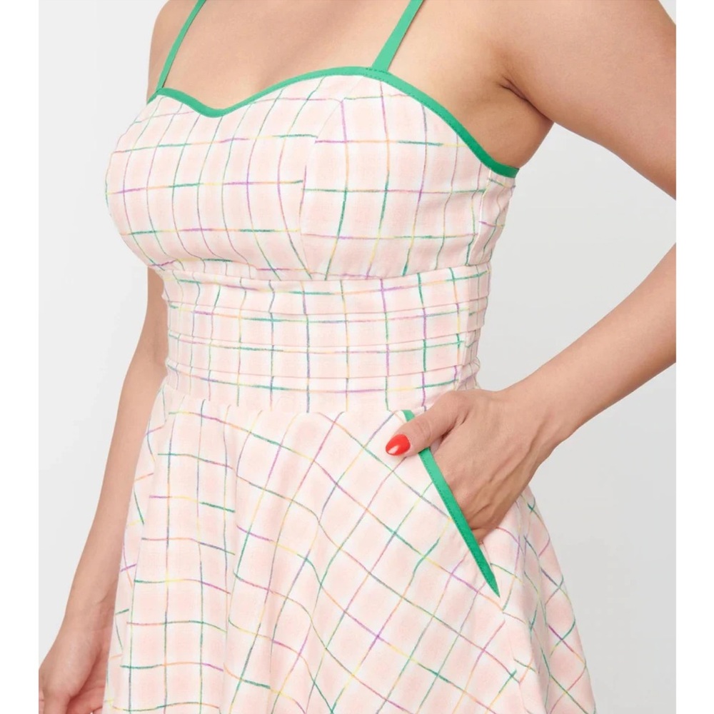 Unique Vintage Pink Plaid Mini Dress with Green Trim size L